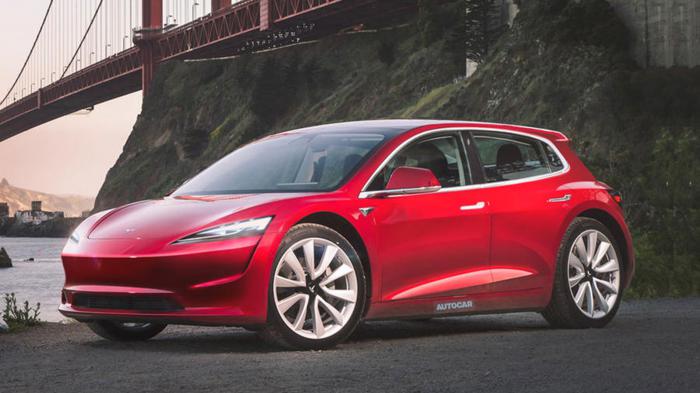 Ψηφιακό σχέδιο της ιστοσελίδας Autocar για το πώς θα μπορούσε να μοιάζει το μελλοντικό Tesla Model 2.